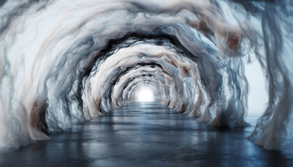 An ethereal, dreamlike tunnel formed from swirling, translucent fabrics leading to a bright light.