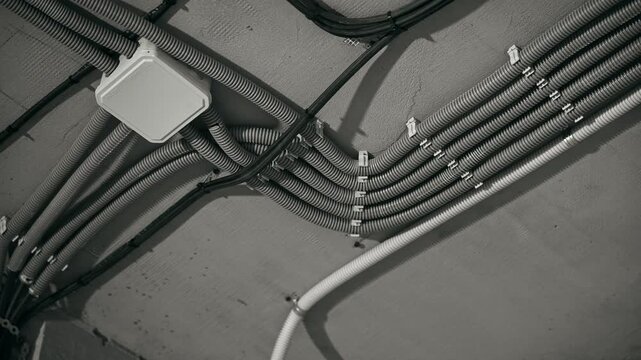 Industrial Ceiling Setup Equipped With Junction Box And Numerous Conduit Pathways For Cables