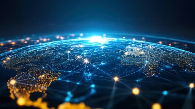 Global digital network connecting continents, symbolizing advanced technology, data flow, and interconnected communication across the planet in a futuristic digital landscape