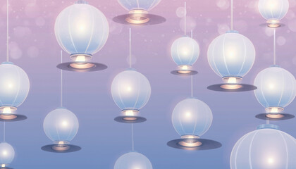 A collection of glowing white lanterns hanging against a soft, gradient background of pink and purple hues.