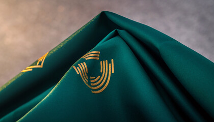 Close-up of elegant dark green fabric with intricate golden patterns and soft folds.
