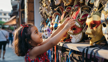 A young girl with a red bow in her hair reaches out to touch a decorative mask at an outdoor market stall.
