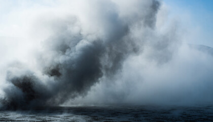 Dense black smoke and white steam billowing from a source, creating a dramatic and hazy atmospheric scene.