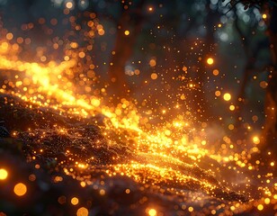 Fototapeta premium Glowing particles cascade over forest floor, soft focus, ethereal light