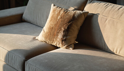 A close-up view of a comfortable beige sofa with a textured, fur-like decorative throw pillow bathed in warm sunlight.