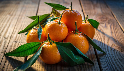 A cluster of fresh, ripe tangerines with vibrant green leaves rests on a rustic wooden surface.