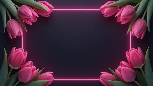 Vibrant pink tulips and a glowing neon frame create a stunning floral background.