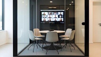 Glass Walled Meeting Pod with Round Table and Remote Participant Display