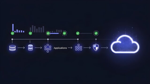 Futuristic UI panel with timeline of migration steps, icons for data, apps, and security moving into a stylized cloud, progress bars and status checkmarks, dark mode enterprise interface
 - Powered by Adobe