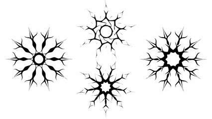 Abstract black starburst shapes and designs on a plain white background