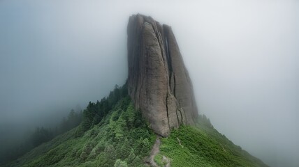 Misty mountain peak surrounded by fog