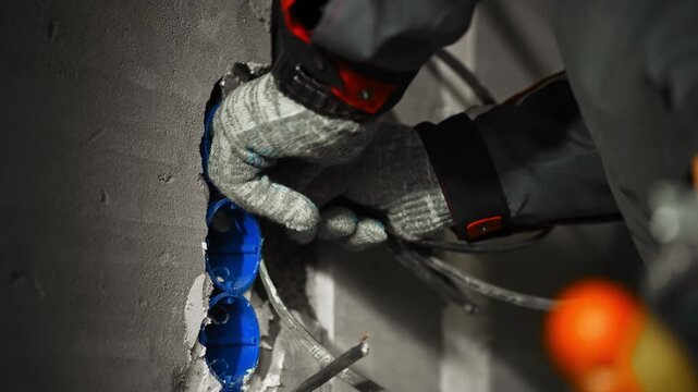 Installing Cables Into Socket Boxes, Toolhandled Hands Connect Cables Within Blue Electrical Enclosures
