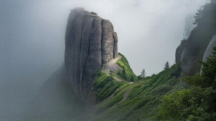 Misty mountain path and rock formation