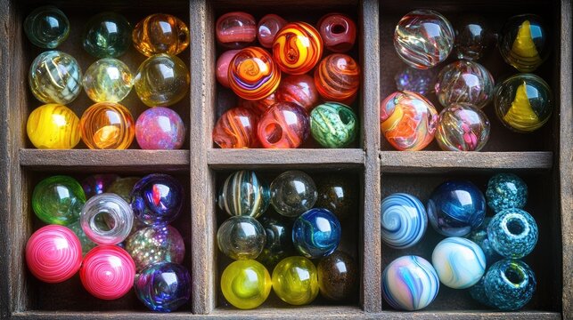 Colorful Glass Beads in Wooden Box, Vibrant Craft Materials for Jewelry Making and Artistic Projects, Diverse Shapes and Patterns for Creative Inspiration