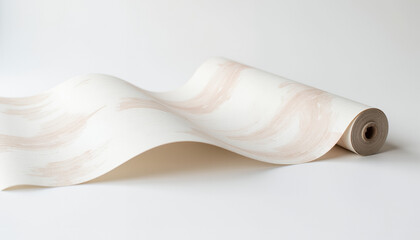 A roll of beige and white wallpaper on a light background for home decoration