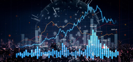 Discover a dynamic data visualization featuring graphs and charts against a city skyline at night, illustrating trends and statistics for market analysis and finance. Scalp