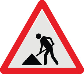 A triangular road sign depicting a worker with a shovel and a pile