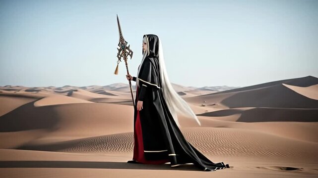 Mysterious Figure in Black Robe with Spear Standing in Vast Desert Landscape.