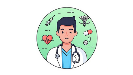 Smiling young doctor cartoon character with stethoscope, encircled by diverse healthcare icons, depicting medical consultation, health services, and professional care