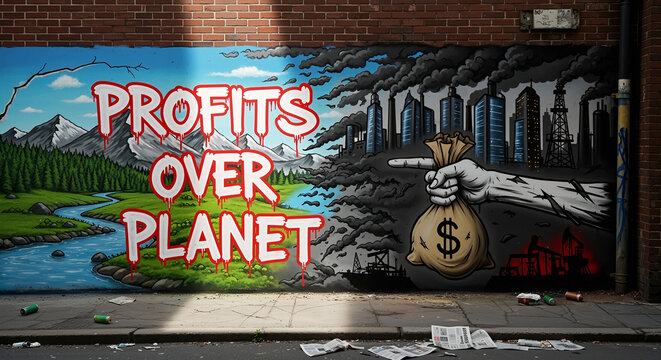 Profits over planet graffiti eco protest street art, colorful mural shows green mountains, river contrasted with smokestack city, criticizing corporate greed, climate change, environmental destruction