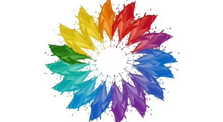 Abstract colorful paint splashes forming a circular floral pattern against a white background, vibrant and dynamic design