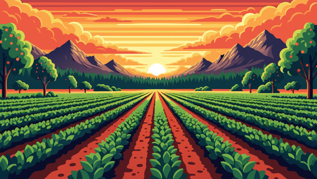 Vast agricultural fields stretching towards a vibrant sunset with majestic mountains in the background.