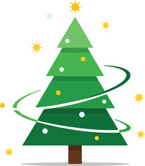 Stylized green Christmas tree with yellow stars white dots and swirling green decoration