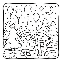 Fototapeta premium Happy children playing in a snowy winter forest, black and white outline illustration for kids coloring page