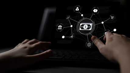 A fintech concept showing a network of digital banking services. This includes secure online payments, global transactions, and e-commerce for the modern financial system. Fermion