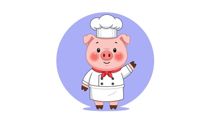 Cute Chef Pig Character Waving Hello with Chef Hat and Red Scarf