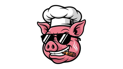 Cool Pig Chef Wearing Sunglasses and Smoking a Cigar, Vector Illustration