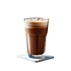 Iced chocolate coffee frappe with creamy foam layer in a glass cup sitting on a small marble coaster isolated die-cut