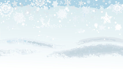 A serene winter landscape with falling snowflakes and gentle snow drifts