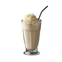 A tall glass of light-colored milkshake topped with whipped cream, served with a dark reusable straw in an isolated, die-cut