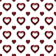 Seamless pattern of red metallic heart shapes on a white background