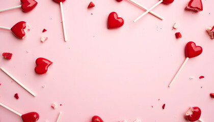 Scattered red heart-shaped lollipops and crumbs on a soft pink background
