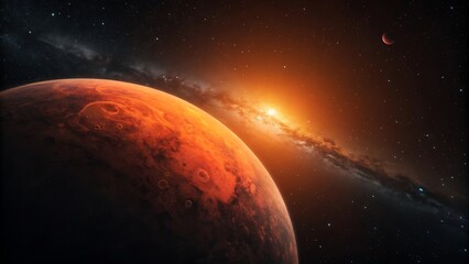Fototapeta premium Cinematic Red Planet with Sunrise and Galaxy Background