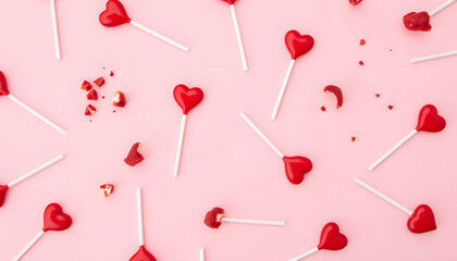 Scattered red heart-shaped lollipops and crumbs on a pink background