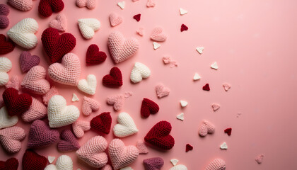 A delightful collection of knitted hearts in various shades of pink, red, and white scattered across a soft pink background