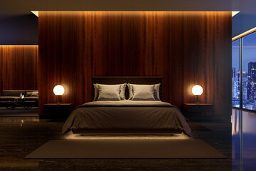 Ultra-luxurious, dark, and modern bedroom in a high-rise penthouse, featuring a stunning city view at night 3d render.