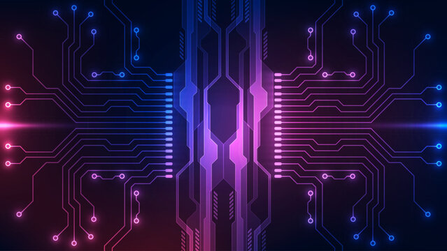 Symmetric Digital Circuit Board Background: Futuristic Processing Chip and Data Flow