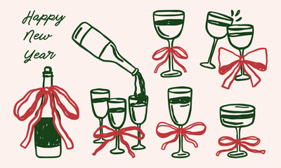 Vintage Christmas drinks vector illustrations set. Whimsical coquette bow retro new year holidays hand drawn clipart. Champagne, wine, cocktail, glass, bottle