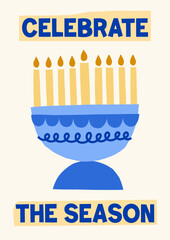 Modern Hanukkah vector card print. Cute jewish holidays illustrations of menorah