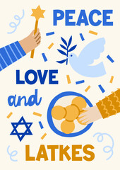 Modern Hanukkah vector card print. Cute jewish holidays illustrations of dove, star of David, latkes