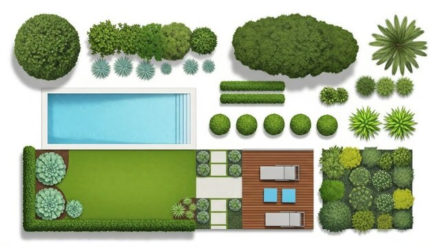Top view collection of various garden and landscape design elements for planning isolated on white background