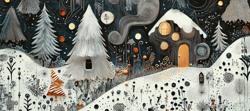A warm glowing winter village surrounded by snow-covered pines, floating shapes, drifting particles, and soft warm lights, forming a peaceful surreal landscape expressing cozy comfort and magical fant