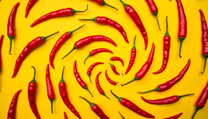 Vibrant red chili peppers arranged in a swirling pattern on a bright yellow background