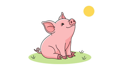 Adorable Pink Piglet Sitting on Green Grass Looking Up at Yellow Sun © Nira