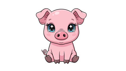 Cute Kawaii Style Piglet Vector Illustration, Adorable Baby Pig Sitting Happily