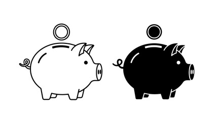 Piggy Bank and Coin Icon Set: Simple Outline and Solid Black Vector Illustrations